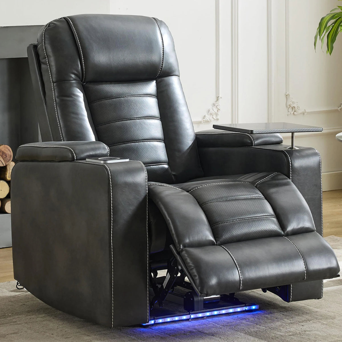 Power Recliner Chair with Adjustable Headrest, Wireless Charger, LED Light, Faux Leather Electric Recliner with Smart Cup Holder