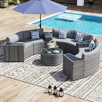 Half Moon 11pc Curved Outdoor Sectional Sofa All Weather Wicker Patio Set with Coffee Table, Gray, Customized
