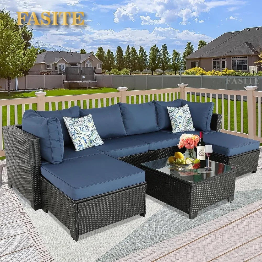 Garden Furniture 7 Pieces Set, Patio Furniture PE Wicker Sets with Washable Cushions Glas Coffee Table, Garden Furniture Set