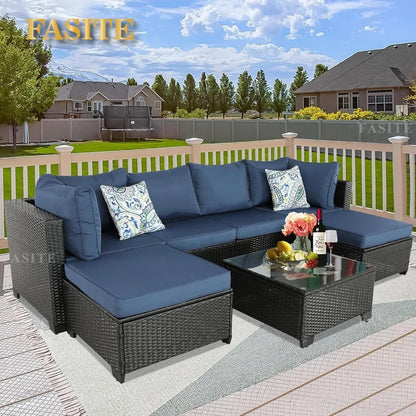Garden Furniture 7 Pieces Set, Patio Furniture PE Wicker Sets with Washable Cushions Glas Coffee Table, Garden Furniture Set