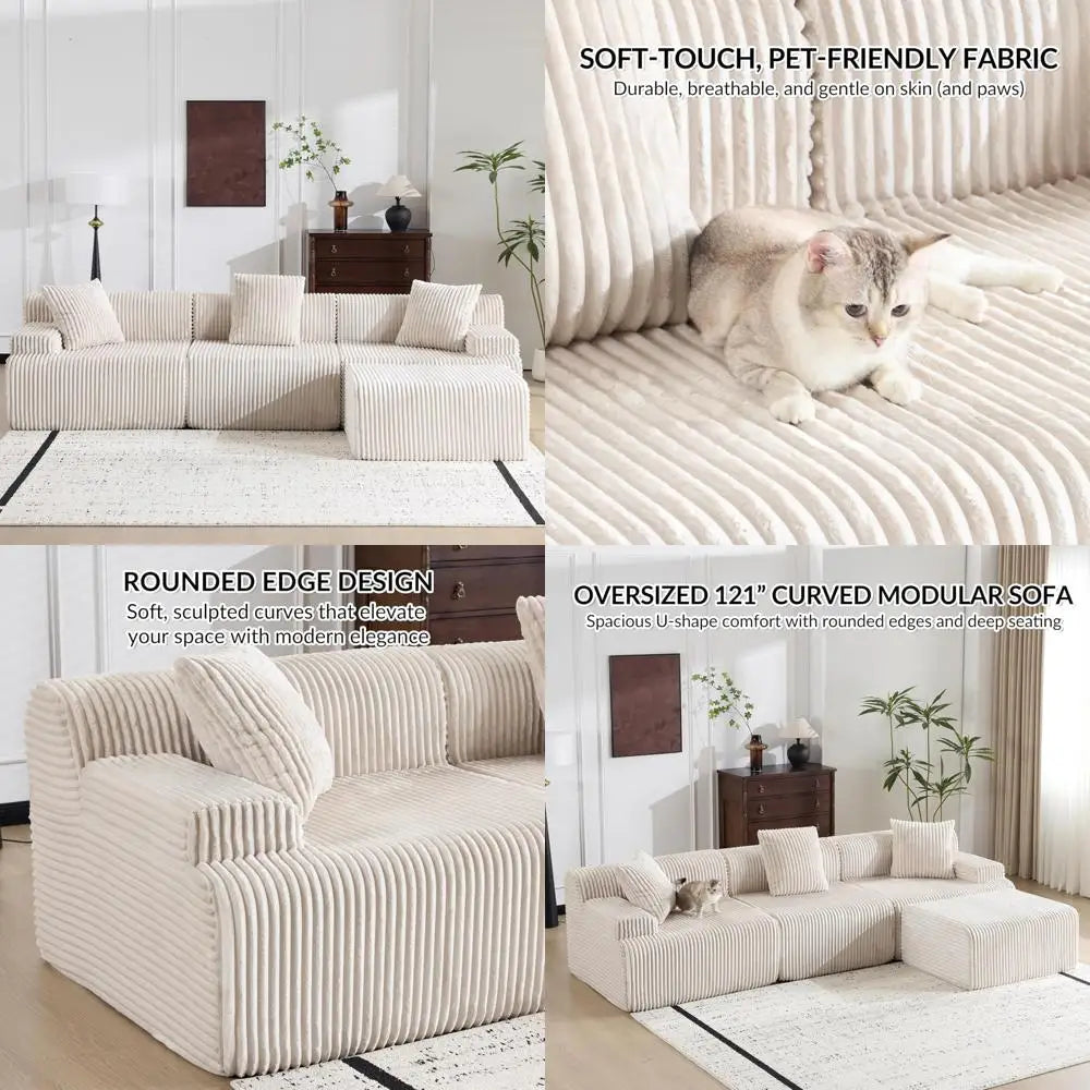 Modular Sectional Sofa in Corduroy, L-Shaped Cloud Couch with Ottoman, Deep Seating Living Room Furniture, Wide and Comfortable