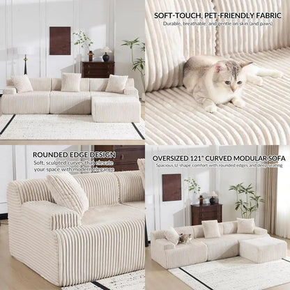 Modular Sectional Sofa in Corduroy, L-Shaped Cloud Couch with Ottoman, Deep Seating Living Room Furniture, Wide and Comfortable