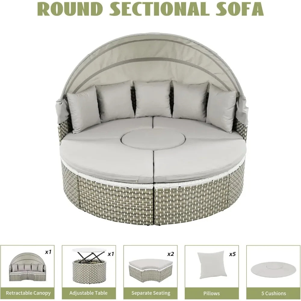 %a Patio Rattan Sunbed with Retractable Canopy, Round Outdoor Sectional Sofa Set with Separate Seating,liftable Table and Remov