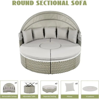 %a Patio Rattan Sunbed with Retractable Canopy, Round Outdoor Sectional Sofa Set with Separate Seating,liftable Table and Remov