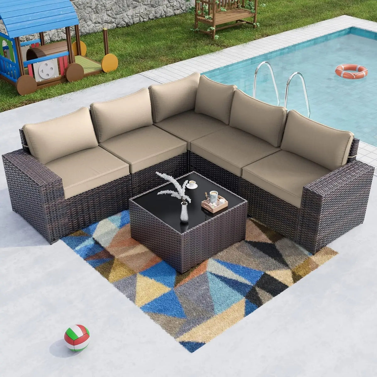 6PCS Outdoor Patio Furniture Set PE Wicker Rattan Sectional Sofa Patio Conversation Sets, Customized