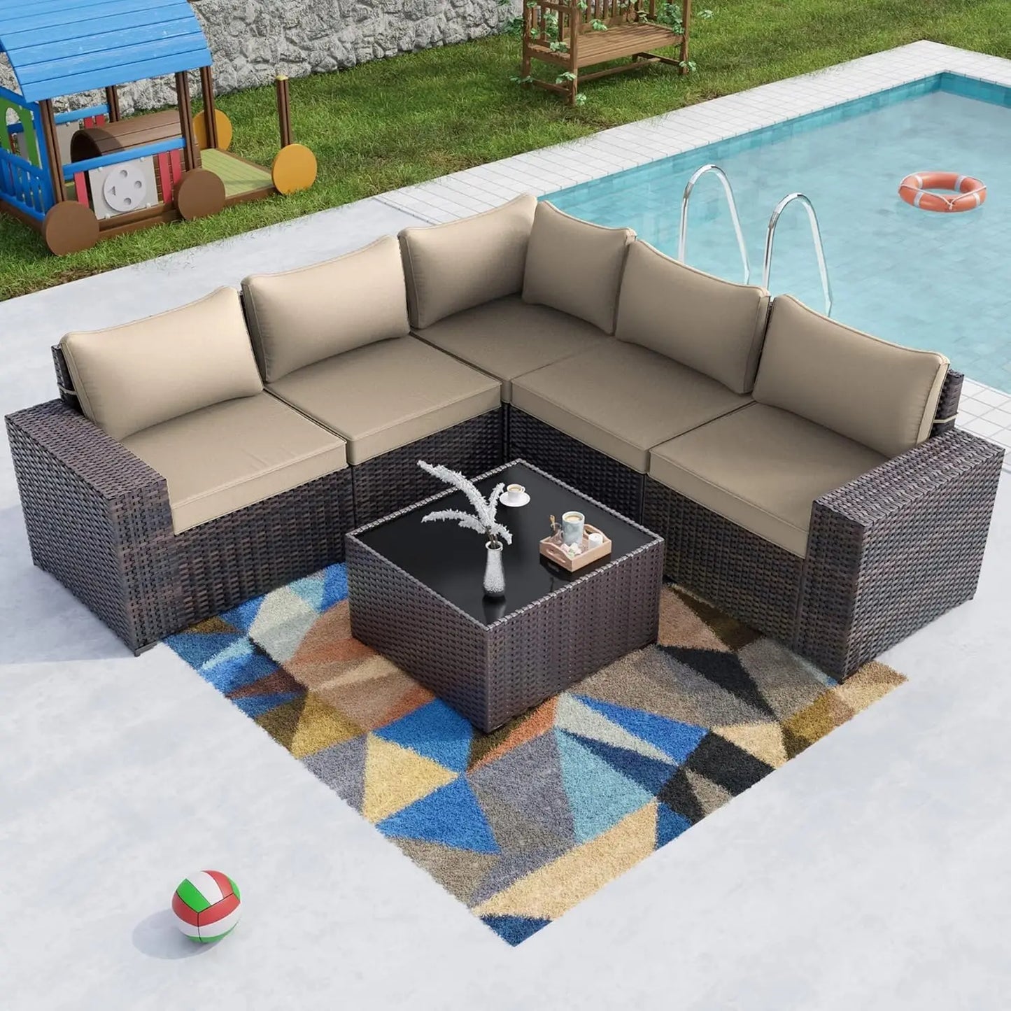 6PCS Outdoor Patio Furniture Set PE Wicker Rattan Sectional Sofa Patio Conversation Sets, Customized