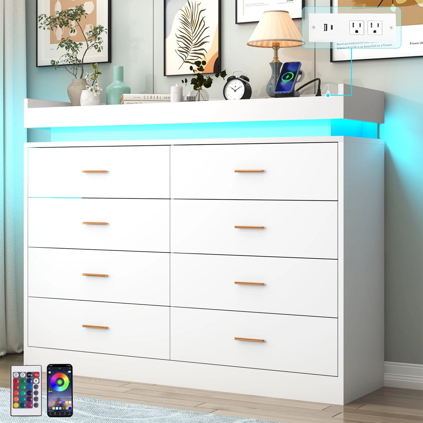 8 Drawer Dresser with LED Light, Modern Chest of Drawers for Closet, 47" Wide Drawer Organizer Cabinet for Bedroom, Living Room