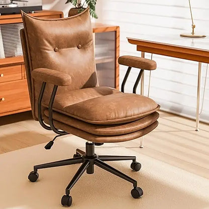 Mid-Century Modern Brown Leather Swivel Chair with Adjustable Height and Triple-Padded Seat for Comfortable Office Use