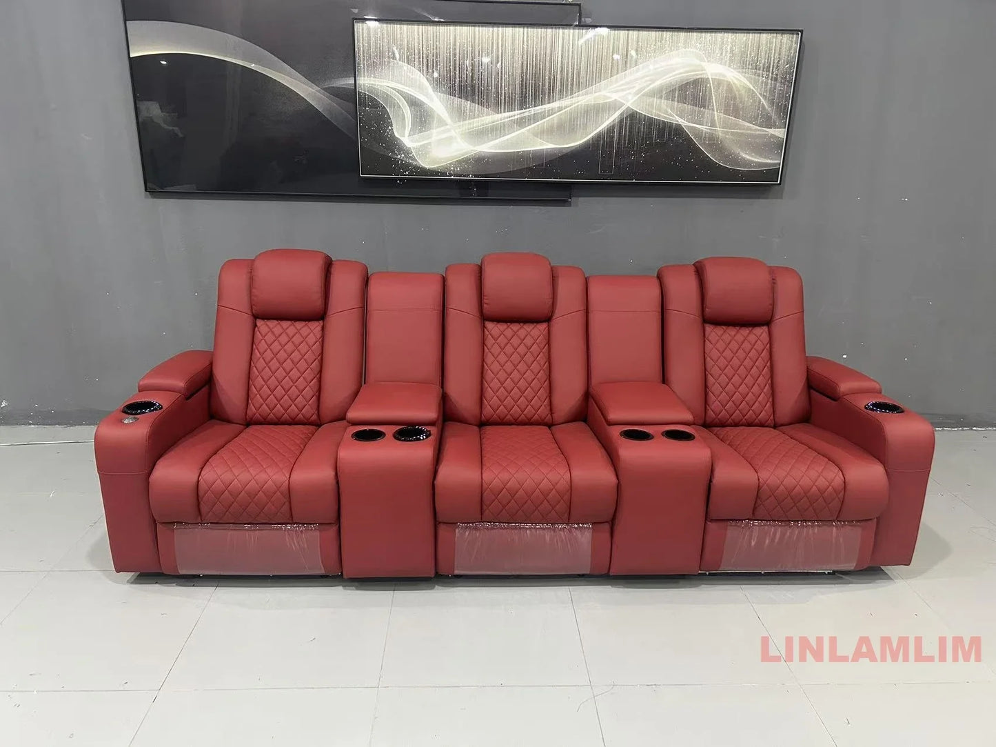 Linlamlim Luxury 3-Seat Recliner Sofa with Cup Holders, Leather Home Theater Seating, Cinema Recliner Couch with Center Console