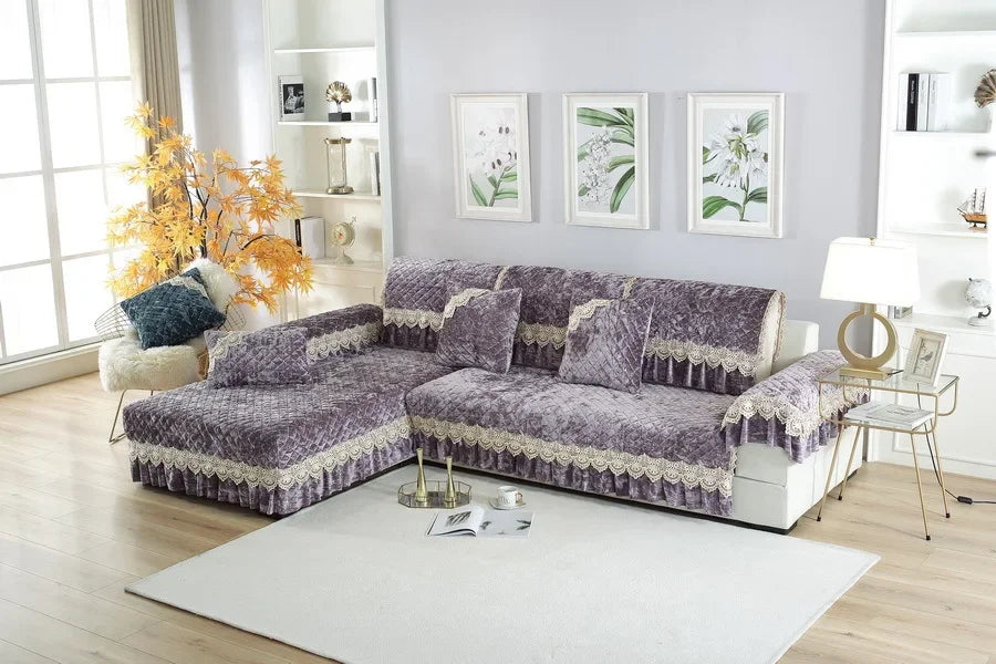 Embroidery Lace Sofa Cushion Gold Velvet Hemline Sofa Cover Autumn Winter European Couch Cover Solid Color Checkered Sofa Mat