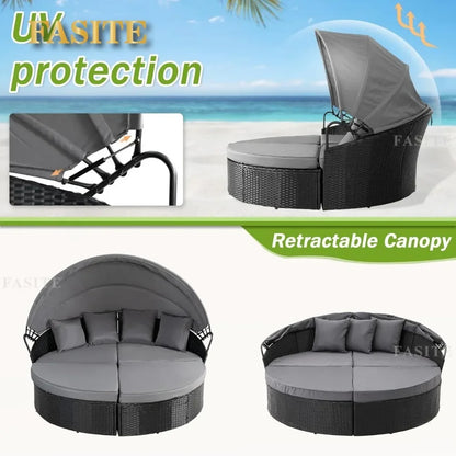 Nordic luxury Leisure Round Daybed with Retractable Canopy,Outdoor Furniture with Washable Cushions, Clamshell Sectional Seating