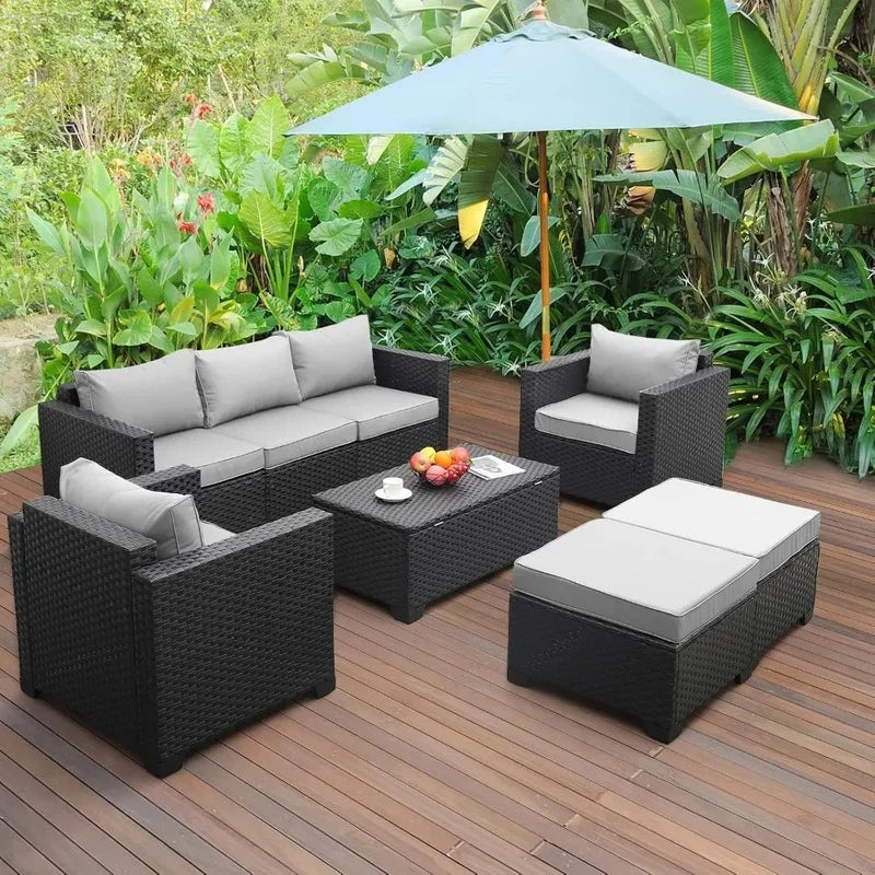Outdoor Patio Wicker Furniture Set: 6-Piece PE Rattan Conversation Sectional Sofa with Royal Blue Cushions