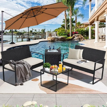 Outdoor Patio Furniture Set w/Built-in Beverage Cooler Storage Box & Coffee Table for Outside for Balcony