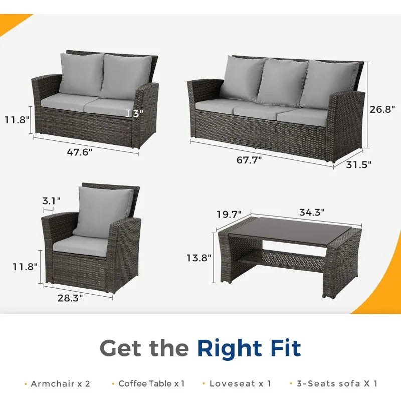 5-Piece Patio Set All Weather Wicker, Outdoor Sofa with Cushions & Glass Table, Grey Conversation Set