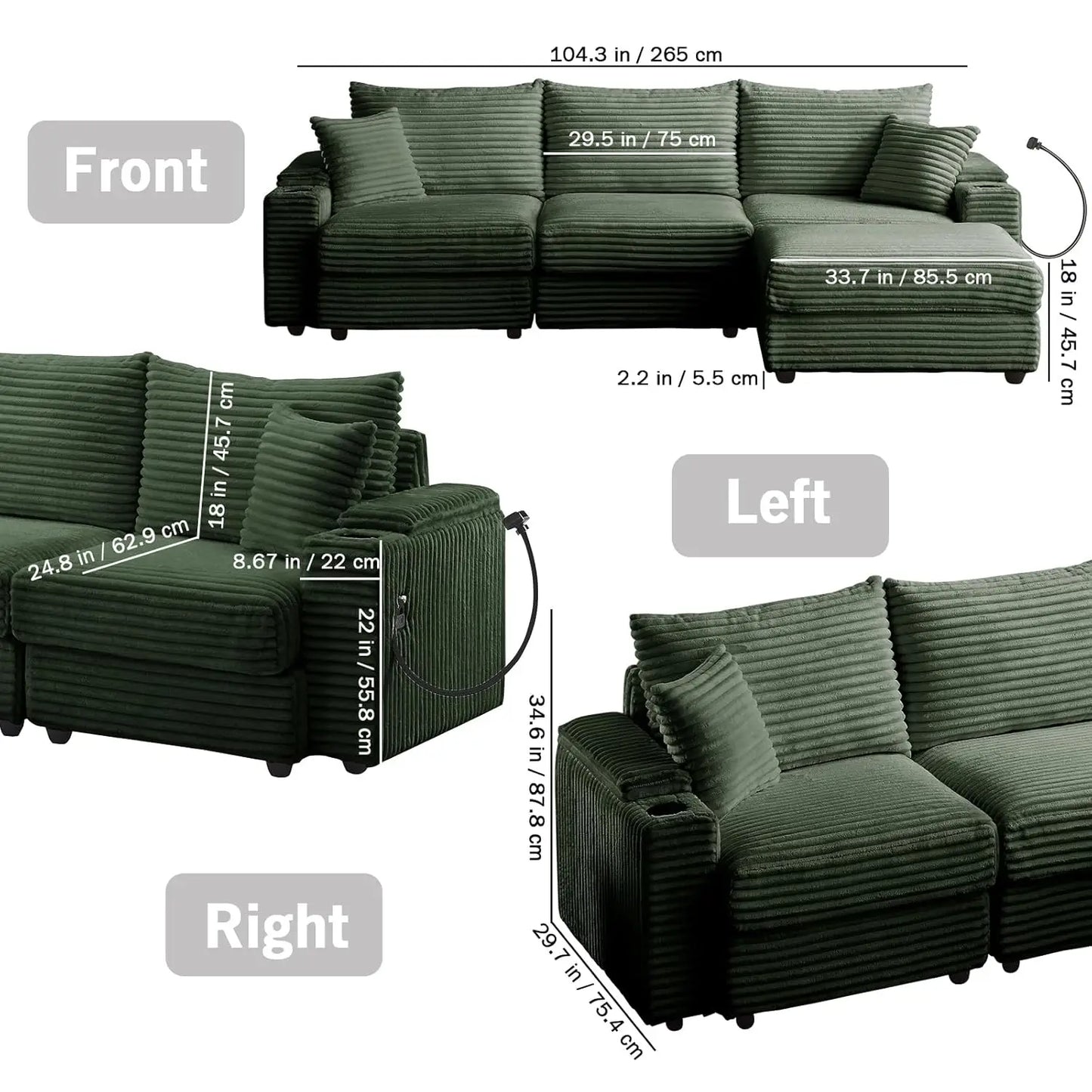 104.3" Modular Sectional Sofa, L-Shaped Couches For Living Room, Comfy Cloud Couch With Ottoman, Convertible 4 Seats Deep Seat S