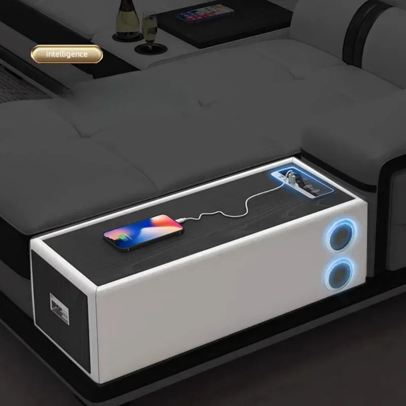 With Bluetooth Speaker And USB Ports Cow Leather Divano Living Room Furniture Luxury Italian Genuine Leather Sectional Sofa Set