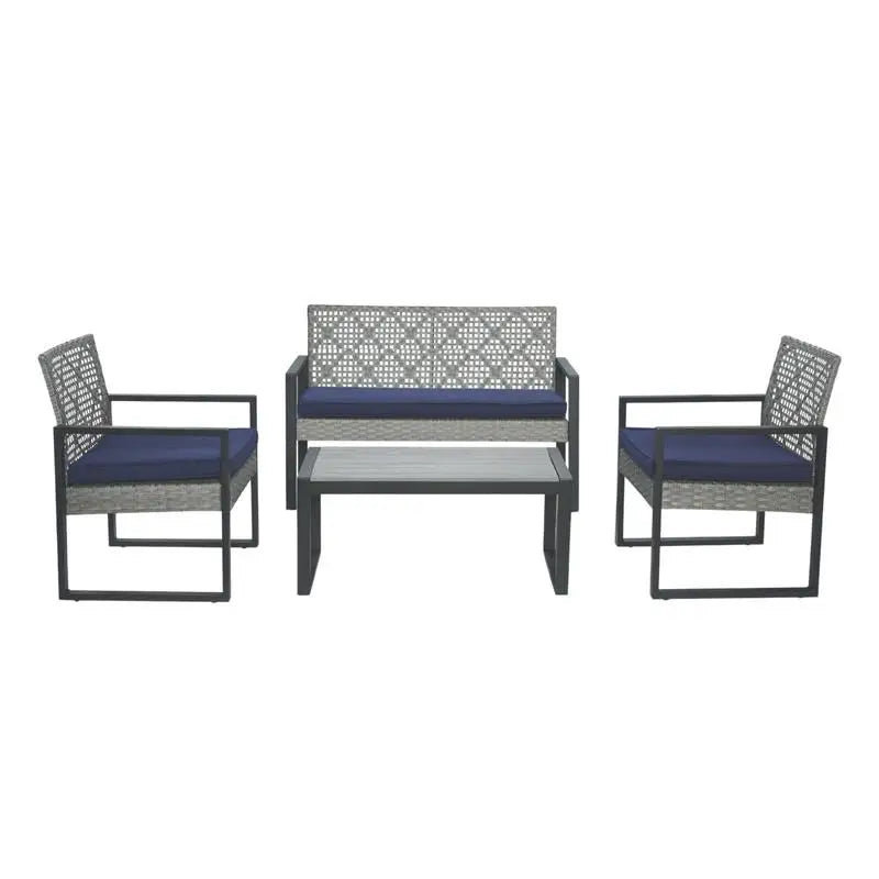 4-Piece Outdoor Patio Furniture Set for Balcony Garden Lawn, Gray Acacia Wood Table, Blue Cushions, Light Gray Rattan