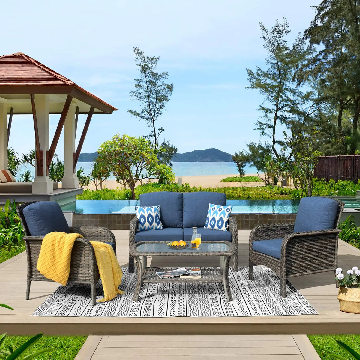 4-Piece Patio Furniture Set, Outdoor Wicker Sofa with Chairs Coffee Table, High Back Rattan Couch Loveseat with, Customized