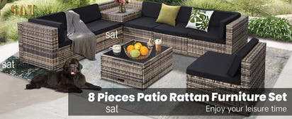 -8 Pieces Outdoor Wicker Rattan Patio Furniture Sectional Set,Glass Top Table Hidden Storage,7 Sofa Sections, Oversized Cushions
