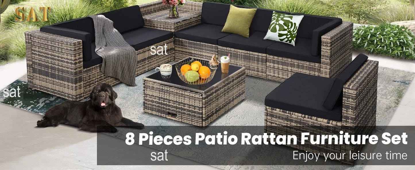 -8 Pieces Outdoor Wicker Rattan Patio Furniture Sectional Set,Glass Top Table Hidden Storage,7 Sofa Sections, Oversized Cushions