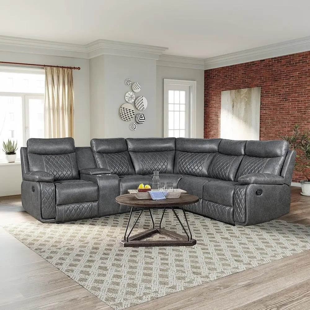 Manual Reclining L-Shaped Leather Sectional Sofa with Storage and Cup Holders for Home Theater Living Room