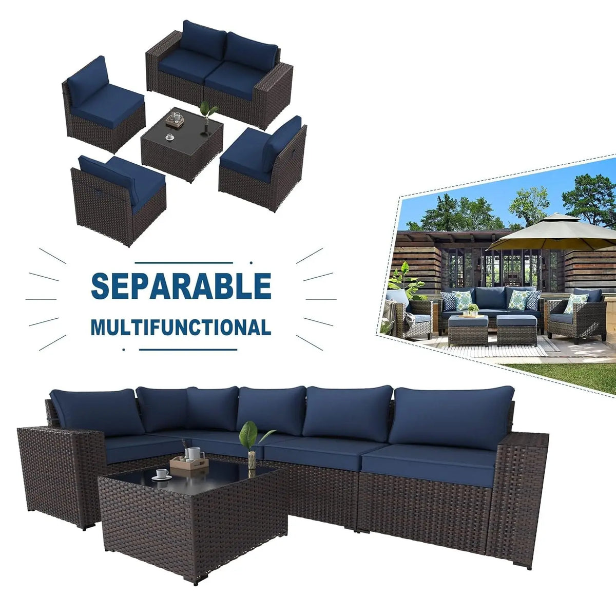 6PCS Outdoor Patio Furniture Set PE Wicker Rattan Sectional Sofa Patio Conversation Sets, Customized