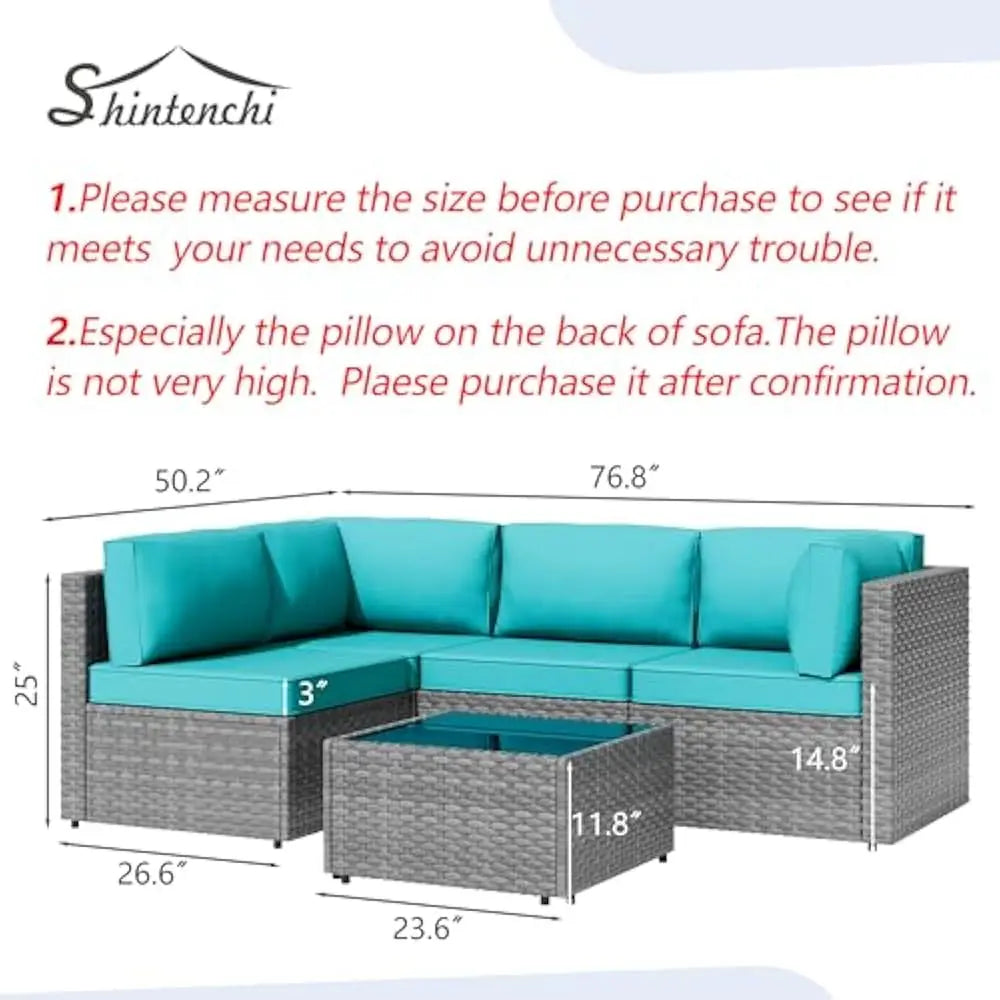 5 Pieces Outdoor Patio Sectional Sofa Couch, PE Wicker Furniture Conversation Sets with Washable Cushions & Glass Coffee Table