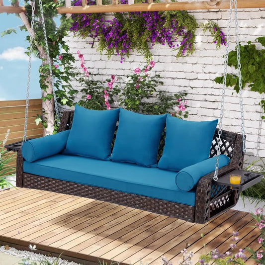 3 Seat Porch Swing with Cup Holders and 3 Back Cushions for Yard Deck Garden and Backyard Use Brown Seagrass Rattan Frame with