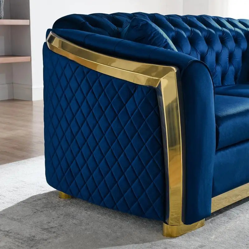 Navy Blue Velvet Chesterfield Sofa Set, Tufted 3-Seater Couch with Gold Stainless Accents for Living Room, New Package