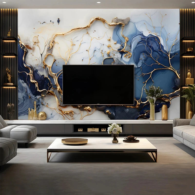Custom Large Size 3D Wallpaper Modern Mable Golden Blue Wall Paper for Living Room TV Background Mural Canvas Home Decoration