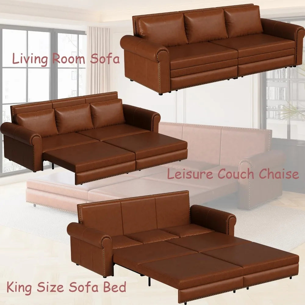 King Size 3 Seater Light Brown Leather Sleeper Sofa with Pull Out Bed and 3-in-1 Convertible Features