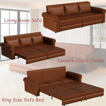King Size 3 Seater Light Brown Leather Sleeper Sofa with Pull Out Bed and 3-in-1 Convertible Features