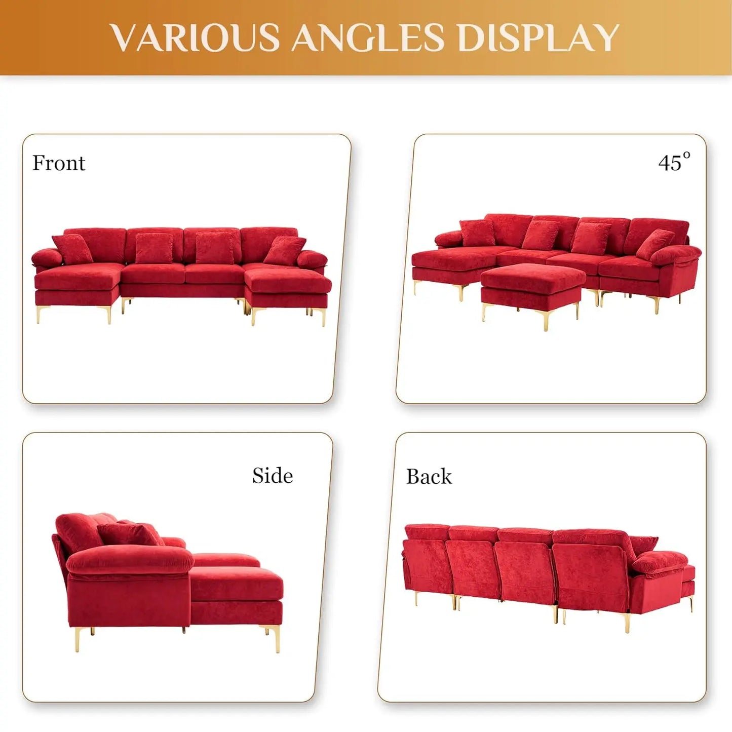 U-Shaped Sectional Sofa 114" Convertible L-Shape Chaise Ottoman Modular 4-Seat Sleeper Velvet Living Office Customized