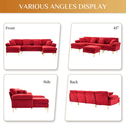 U-Shaped Sectional Sofa 114" Convertible L-Shape Chaise Ottoman Modular 4-Seat Sleeper Velvet Living Office Customized