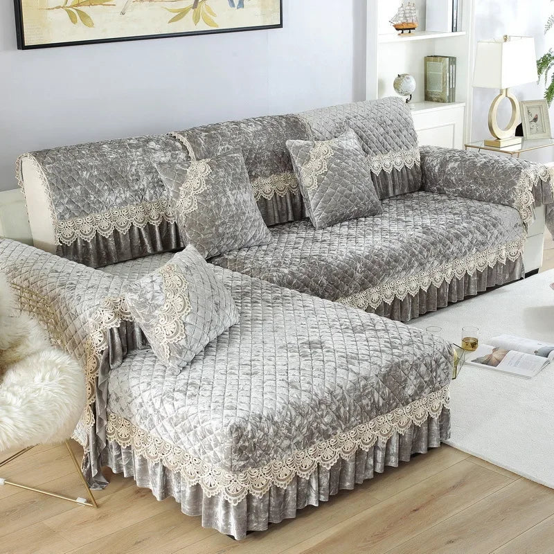 Embroidery Lace Sofa Cushion Gold Velvet Hemline Sofa Cover Autumn Winter European Couch Cover Solid Color Checkered Sofa Mat
