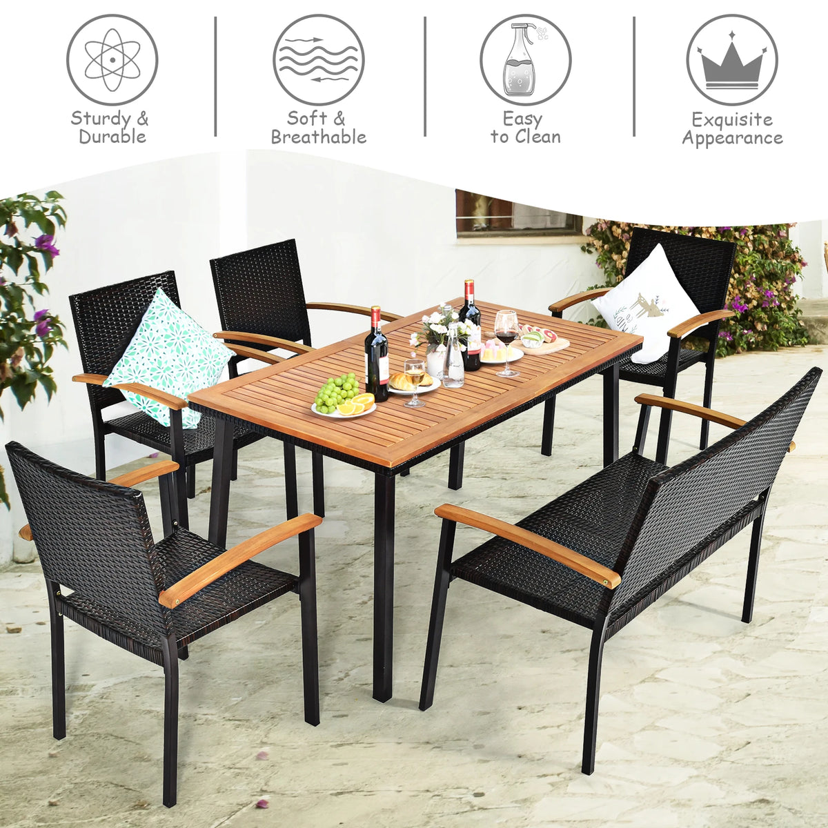 6 PCS Patio Rattan Dining Set Acacia Wood Table Stackable Chair Bench