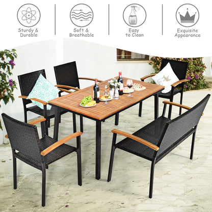 6 PCS Patio Rattan Dining Set Acacia Wood Table Stackable Chair Bench