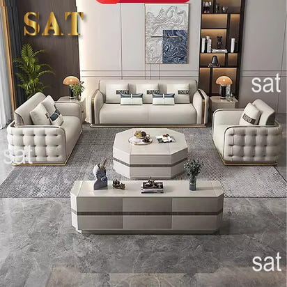 Luxury Modern Leather Couch Living Room High End Chesterfield Sofa Set Furniture With Gold Stainless Steel Decoration Villa Sofa
