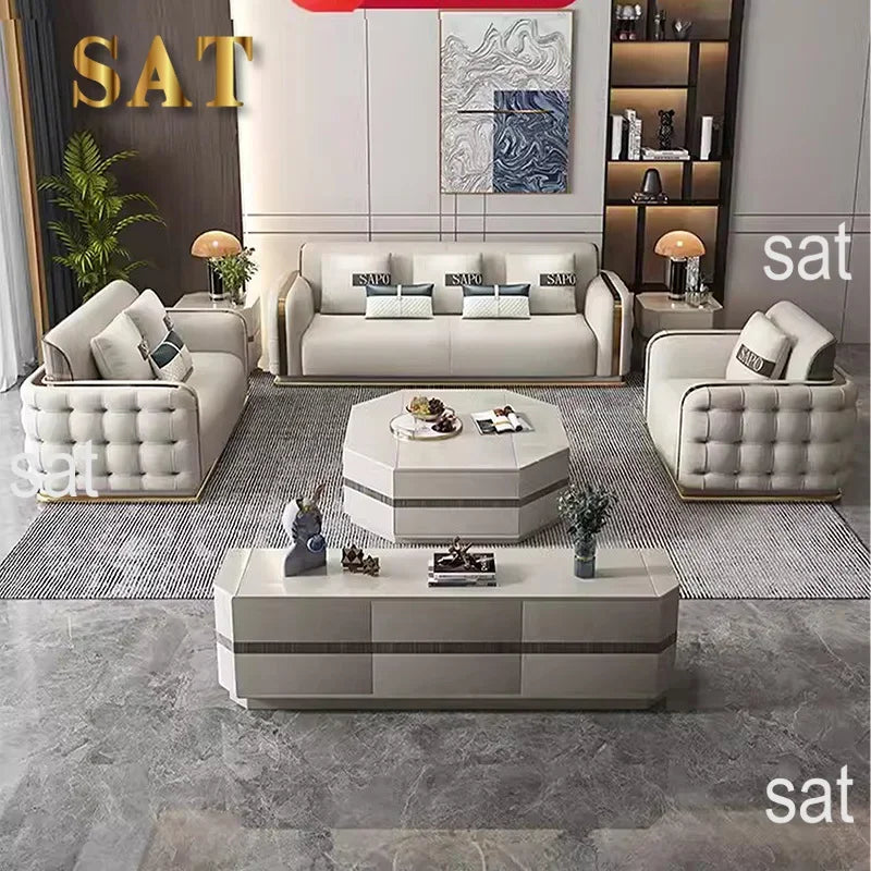 Luxury Modern Leather Couch Living Room High End Chesterfield Sofa Set Furniture With Gold Stainless Steel Decoration Villa Sofa