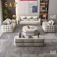 Luxury Modern Leather Couch Living Room High End Chesterfield Sofa Set Furniture With Gold Stainless Steel Decoration Villa Sofa
