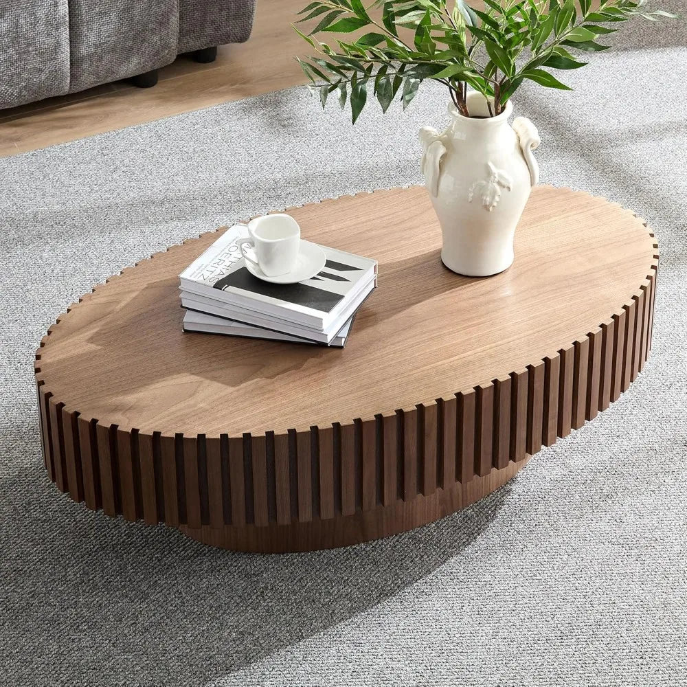 43.31" Walnut Coffee Table for Living Room, Modern Country Rustic Round Wooden Drum Coffee Table with Handcrafted for Apartment,