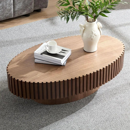 43.31" Walnut Coffee Table for Living Room, Modern Country Rustic Round Wooden Drum Coffee Table with Handcrafted for Apartment,