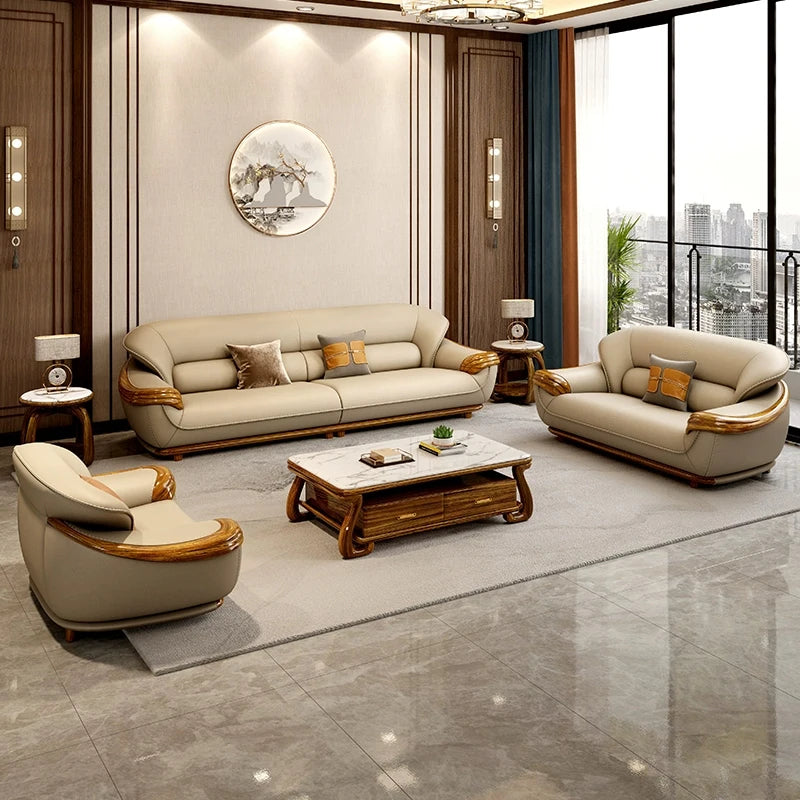 Modern new Chinese ebony sofa top layer cowhide high-end living room leather sofa