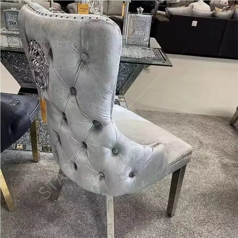 European Luxury Velvet Dining Chairs with Lion Knocker, Modern Button Tufted Design, Stainless Steel Legs  Set of 6