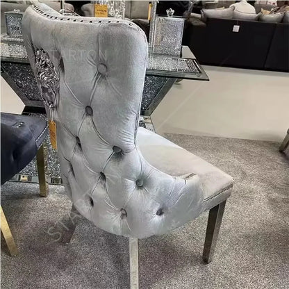 European Luxury Velvet Dining Chairs with Lion Knocker, Modern Button Tufted Design, Stainless Steel Legs  Set of 6