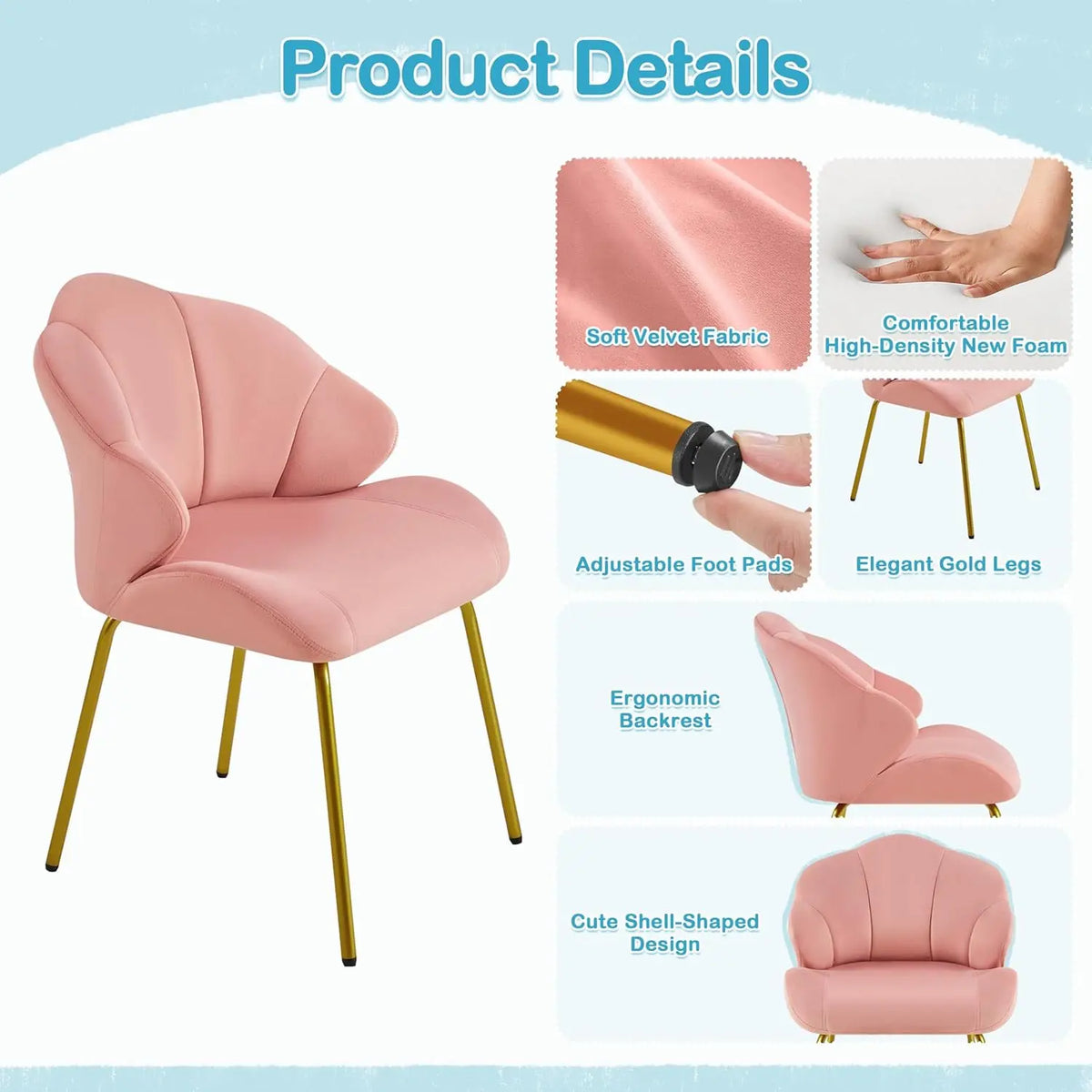 Velvet Accent Chair with Shell-Shaped Backrest, Modern Armchair with Gold Metal Legs for Dressing Room/Bedroom/Living Room