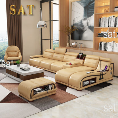 -Modern Living Home Furniture With Bluetooth Speaker L Shape Leather Sofa High Quality Living Room Sofa Combination