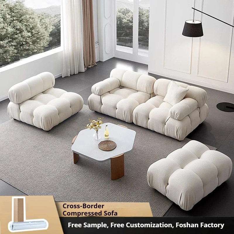 Cream Modular Sofa Set, Cat-Proof Teddy Fabric 3-Seater with Latex-Foam Fill, Imported Pine Frame, Nordic Retro Style