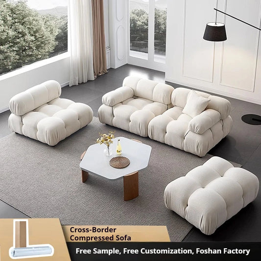 Cream Modular Sofa Set, Cat-Proof Teddy Fabric 3-Seater with Latex-Foam Fill, Imported Pine Frame, Nordic Retro Style