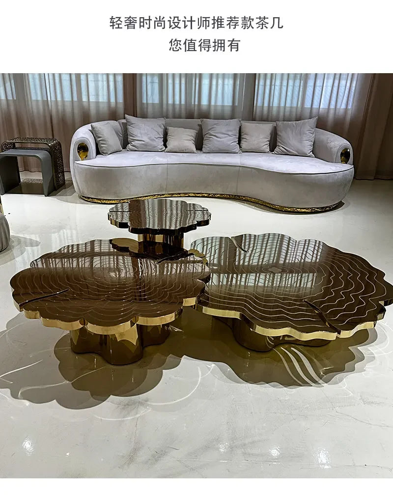 Italian light luxury round coffee table high-end villa living room stainless steel heterosexual etching